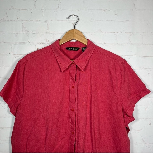 Eddie Bauer Womens Linen Button Up Blouse Top Size XXL Salmon Cap Sleeve - Picture 2 of 15